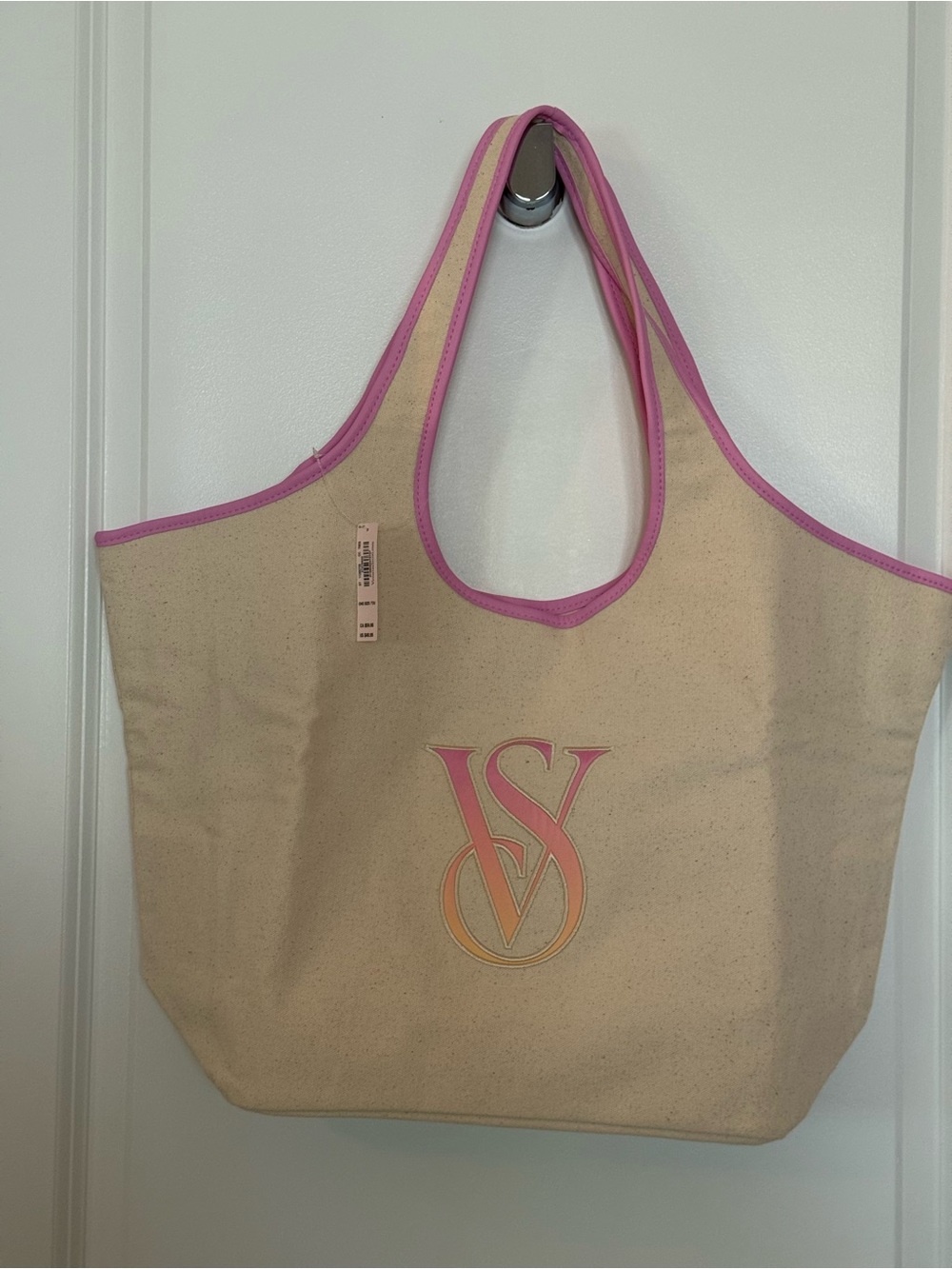 Victoria's Secret Cream Canvas Tote with Pink Trim